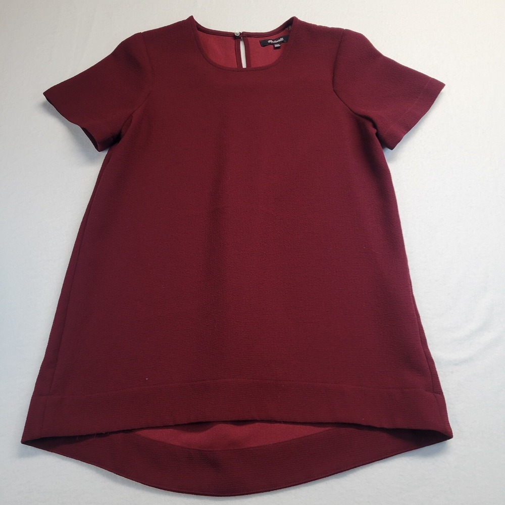 Madewell Burgundy Textured Crepe Short Sleeve High-Low Shift Dress Womens XXS